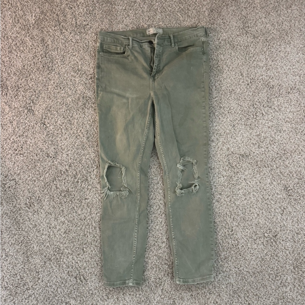Free People Olive Distressed Busted Knee Skinny Jeans